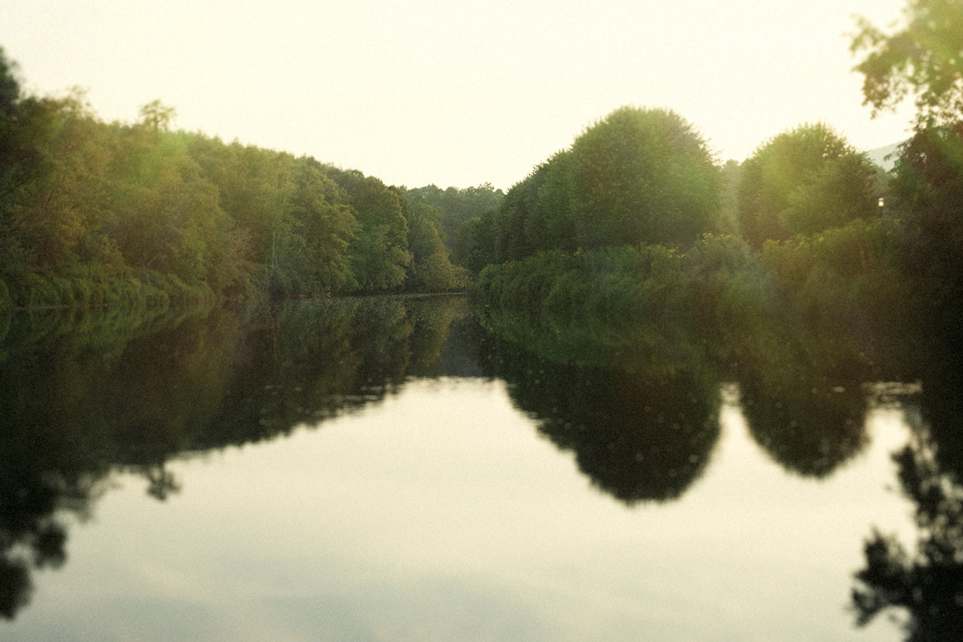 A serene landscape photograph featuring a calm body of water with reflections of trees, leading to a line of trees in the distance against a golden-hour lit sky.