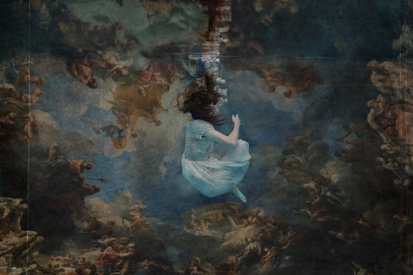 A whimsical fine art photograph depicting a figure resembling a fairy, in the sistine chapel, floating underwater. The image has a mystical and ethereal quality, with rich, dark tones and vibrant floral elements.