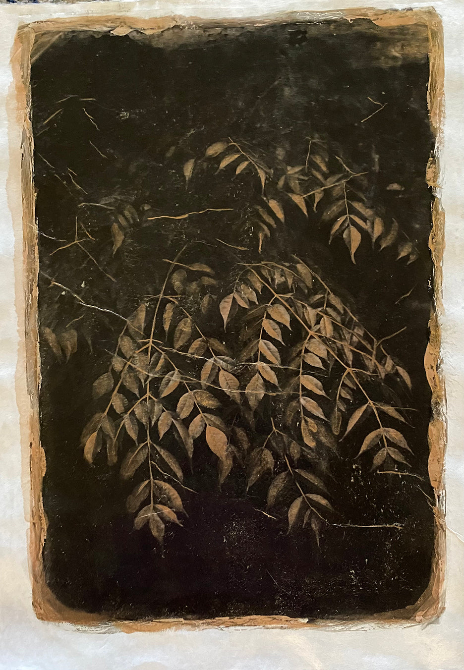 A black and white fine art photograph titled 'Leaves', featuring a dreamlike quality with trees and a young woman among leaves, hand embellished with gold ink on mulberry paper.