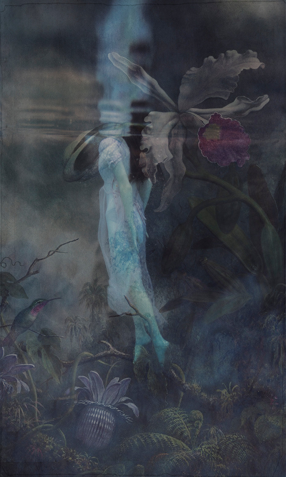 An ethereal photograph featuring a figure with butterfly wings amidst floral blooms and underwater elements, representing the whimsical and mystical theme of the 'Between Worlds' collection.