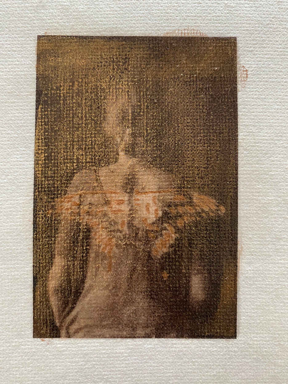 A mini hand-painted artwork depicting a butterfly and a figure, enclosed in a square frame with a visible texture in the background.