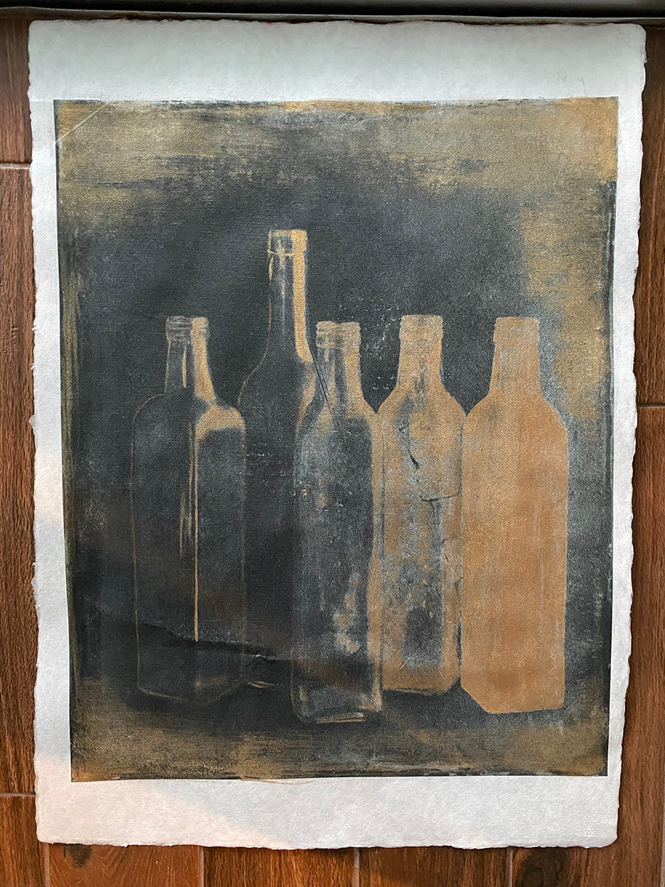 A pigment giclee print on Mulberry paper featuring five bottles, hand-painted with gold ink.