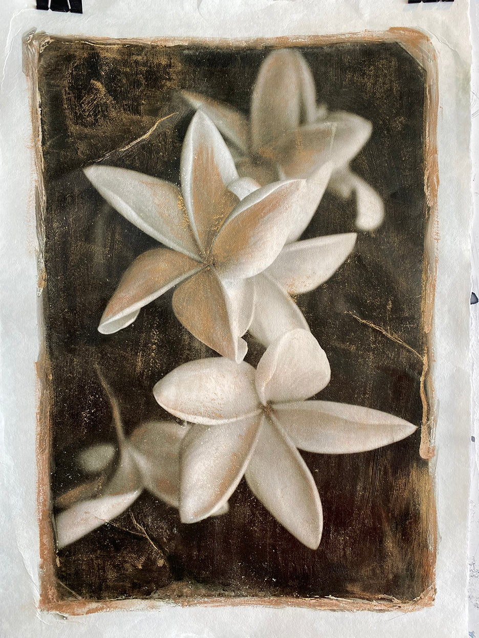 A black and white photograph of plumeria flowers with gold ink accents on mulberry paper, with a textured border.