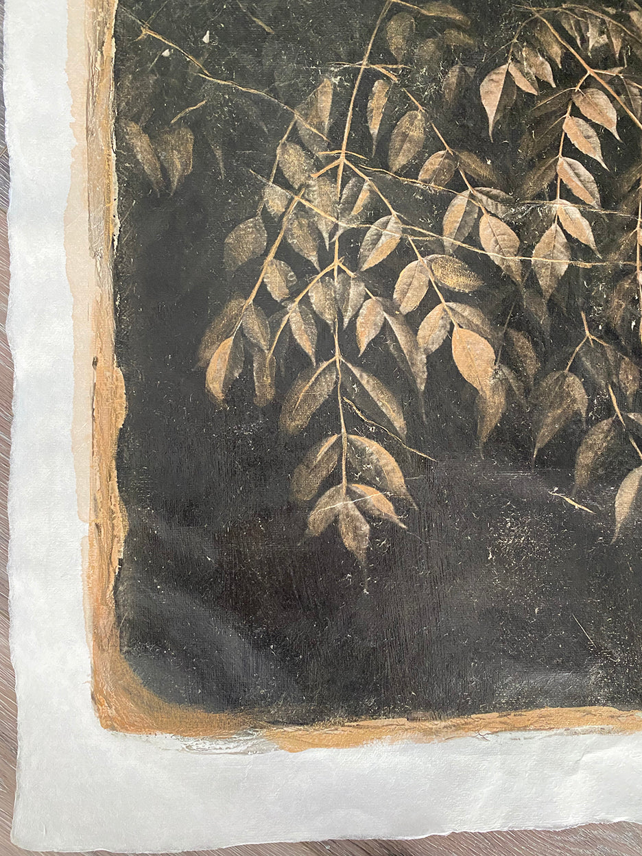 pigment printed photo of leaves hand painted with gold ink