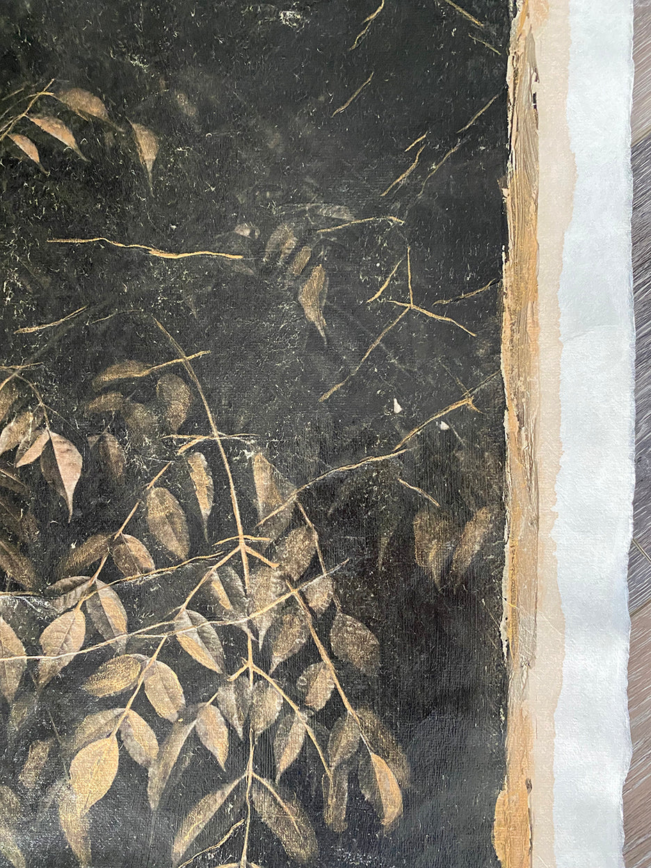 pigment printed photo of leaves hand painted with gold ink