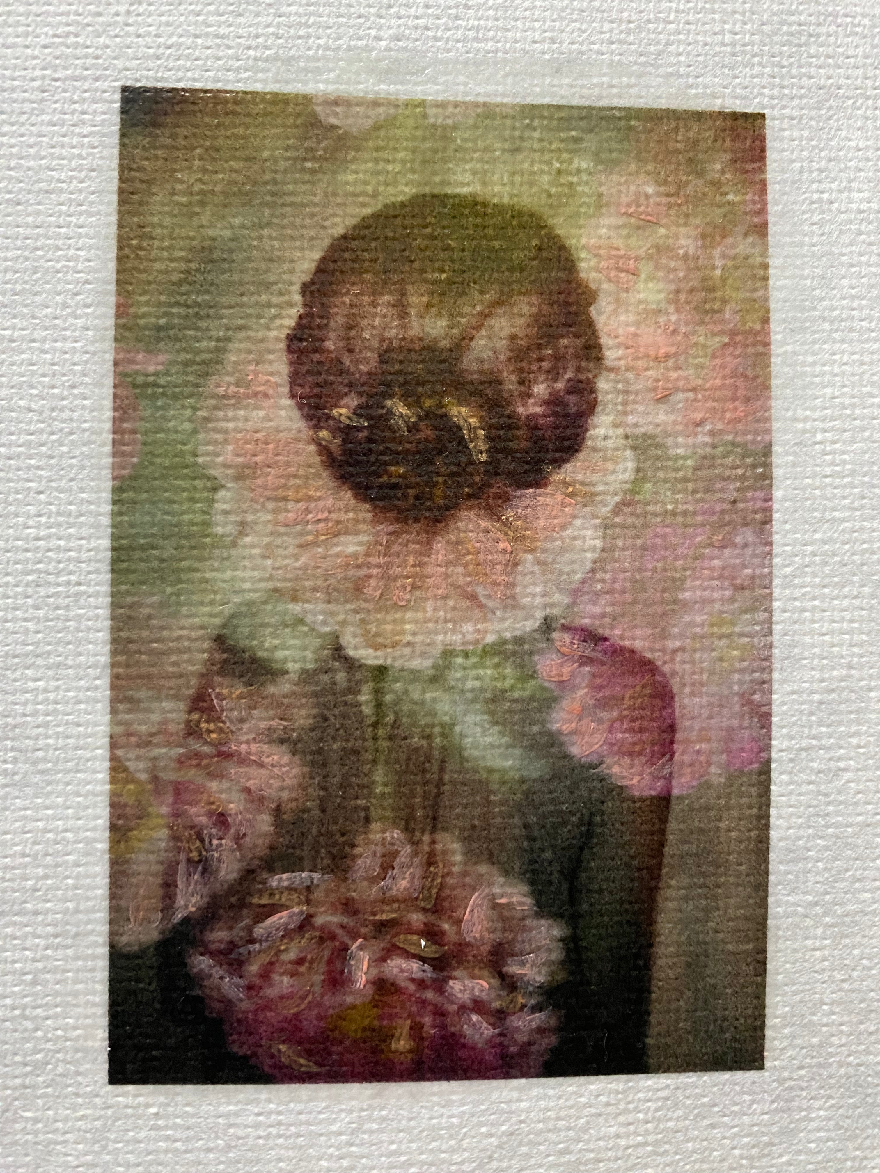A mini hand-painted artwork featuring a floral design with gold ink on a white background, without a frame.