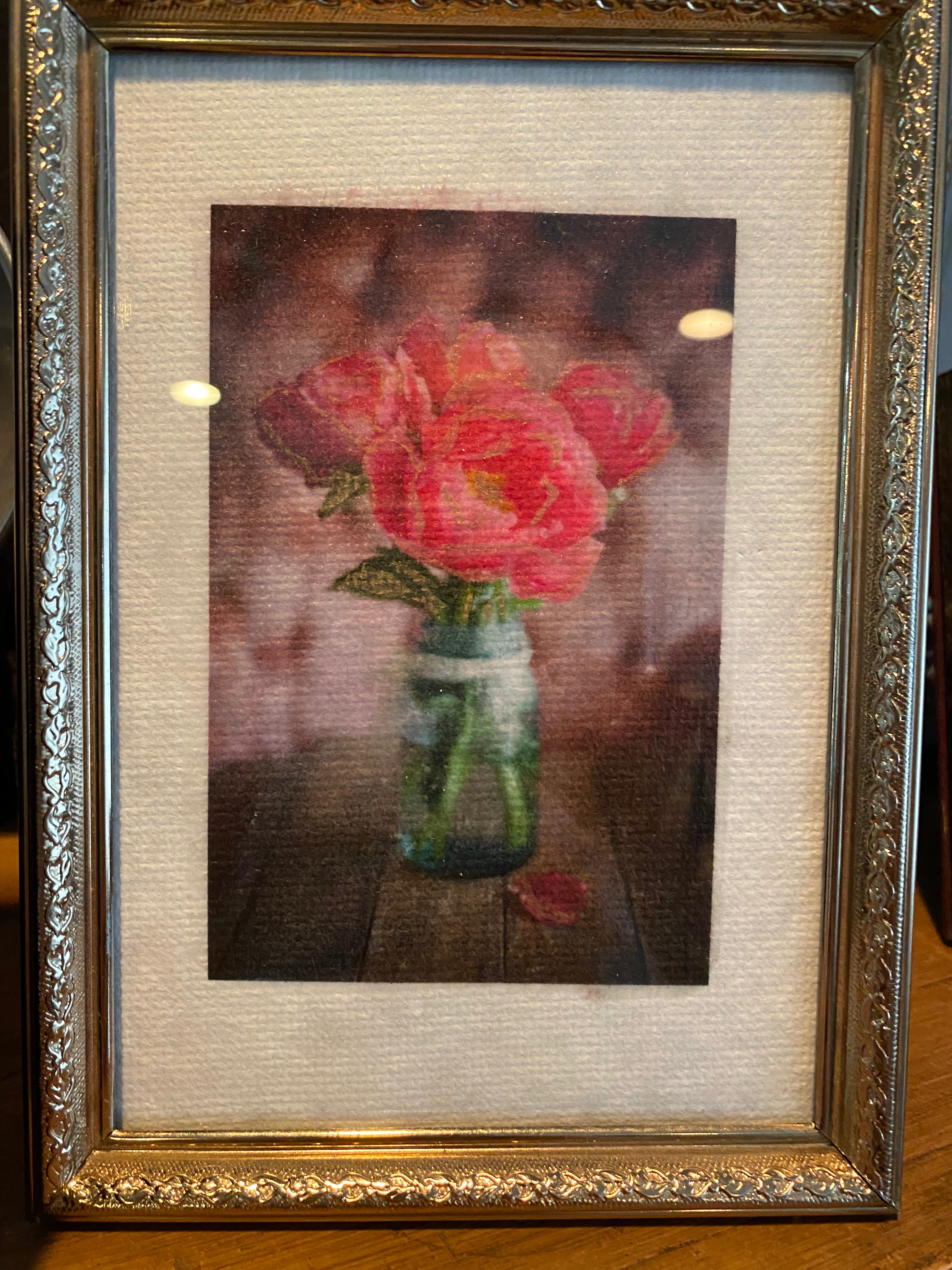 Hand painted mini artwork of pink peonies with gold ink on mulberry paper, framed in a vintage gold frame.