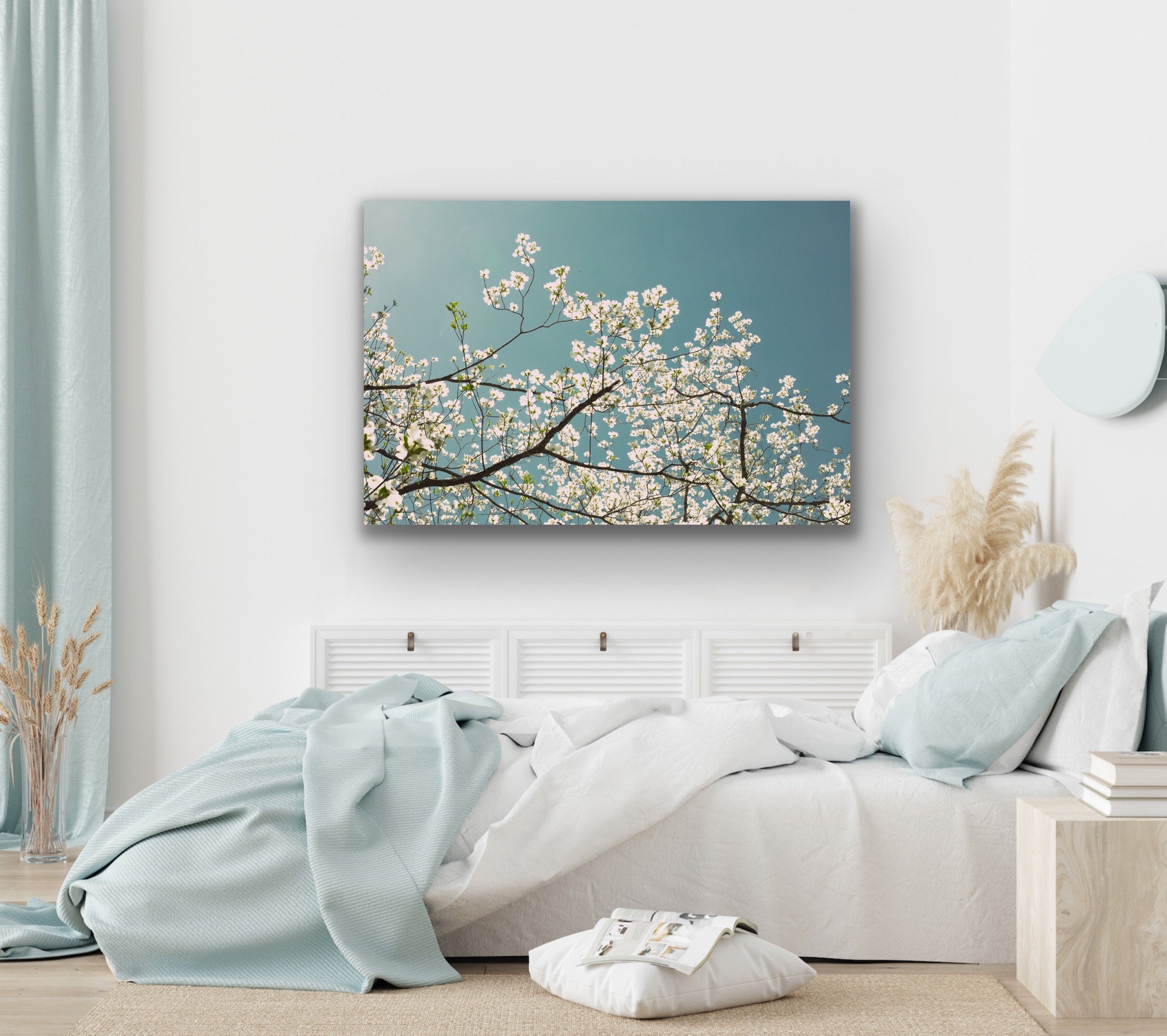 Bedroom with a large floral painting on the wall