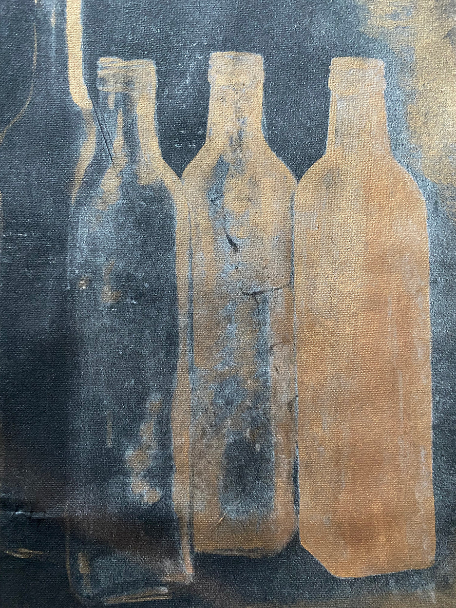 pigment printed phot of glass bottles hand painted with gold ink