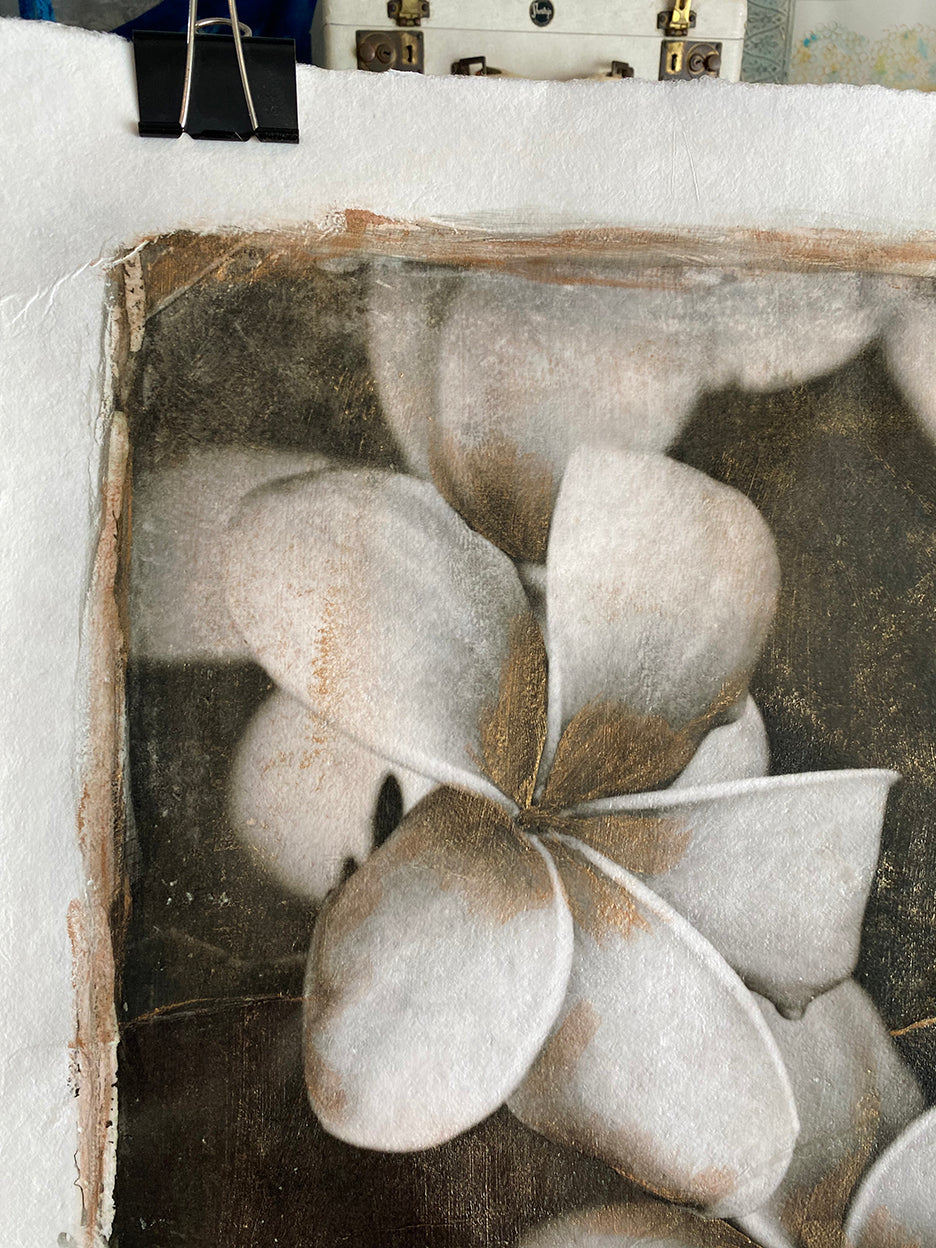 plumerias in black and white with vintage hand painted gold