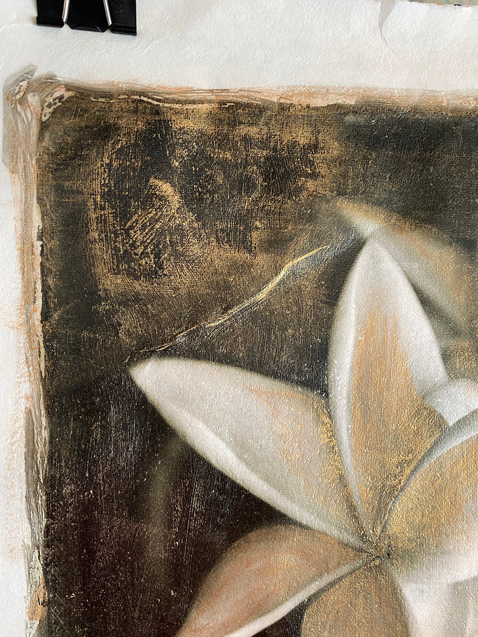 plumerias in black and white with vintage hand painted gold