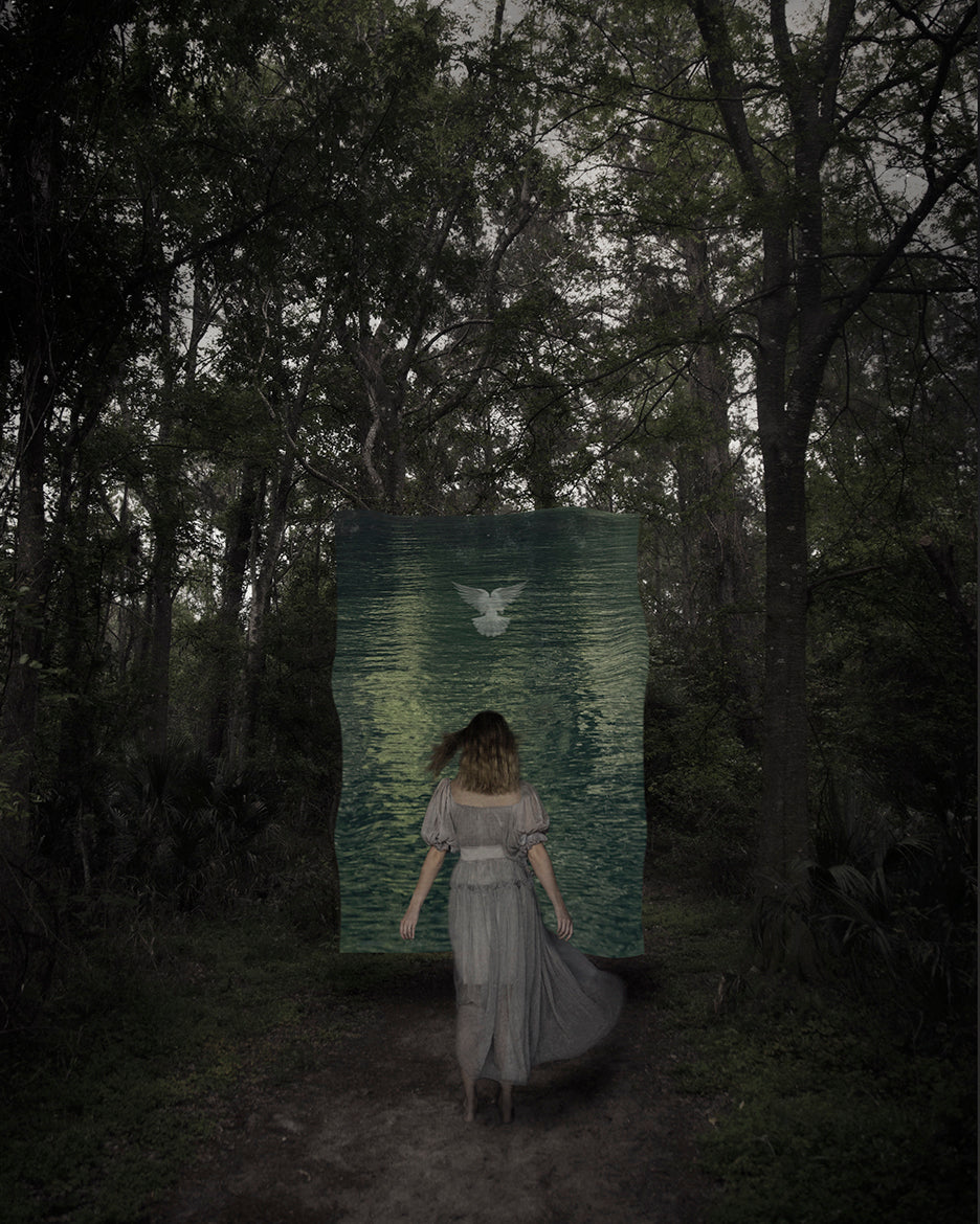 A woman in a dress standing in front of a large wall of water with a doved design, placed in a forest setting.