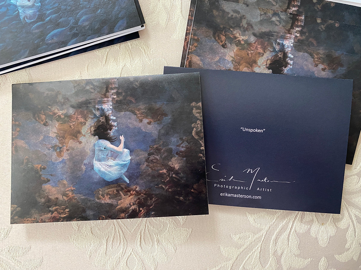 note cards with girl following butterflies, girl with fish and girl with sistine chapel