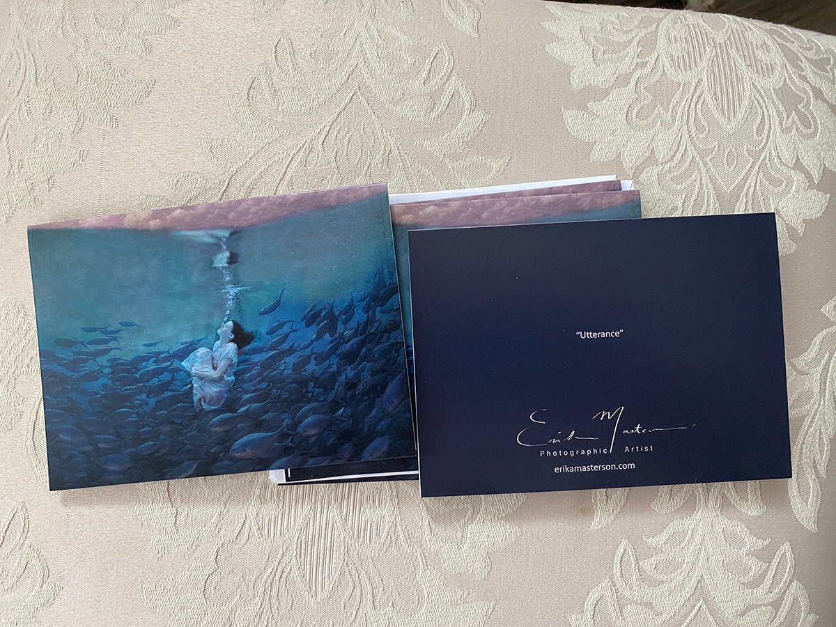 note cards with girl following butterflies, girl with fish and girl with sistine chapel