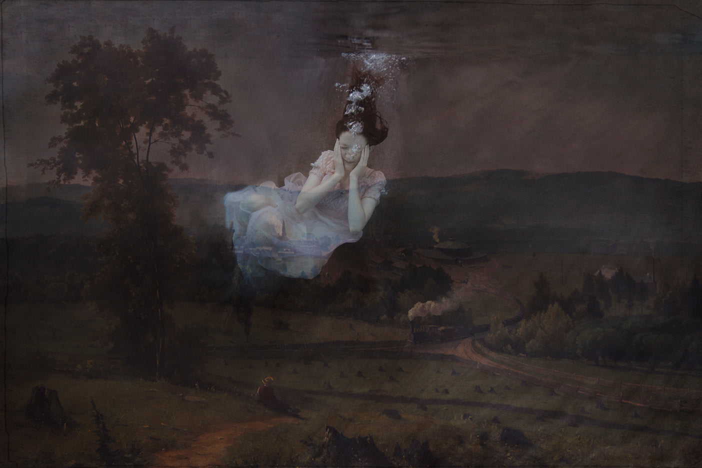 An ethereal image featuring a figure with butterfly wings, blending into a whimsical underwater landscape with floral elements.