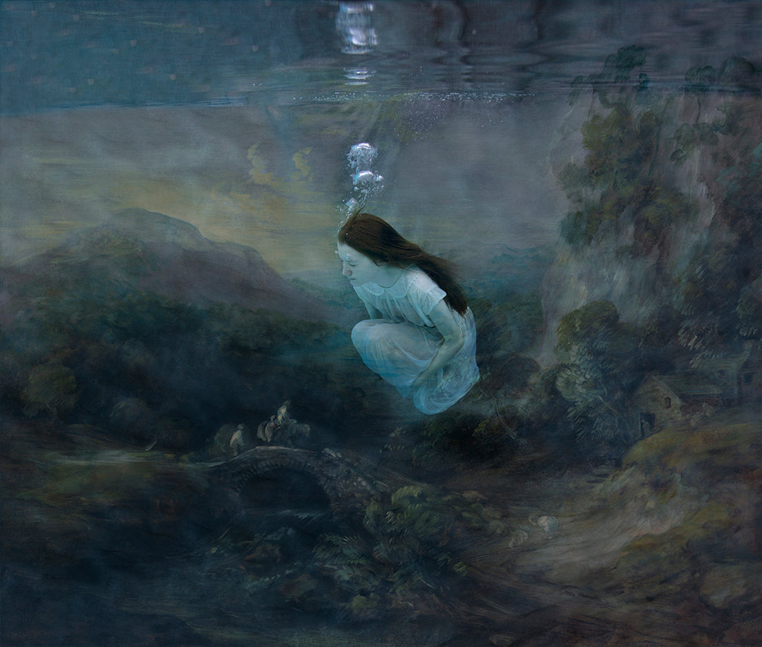 An ethereal photograph featuring a figure underwater with soft pink and brown tones, surrounded by aquatic flora and fauna, evoking a dreamlike quality.