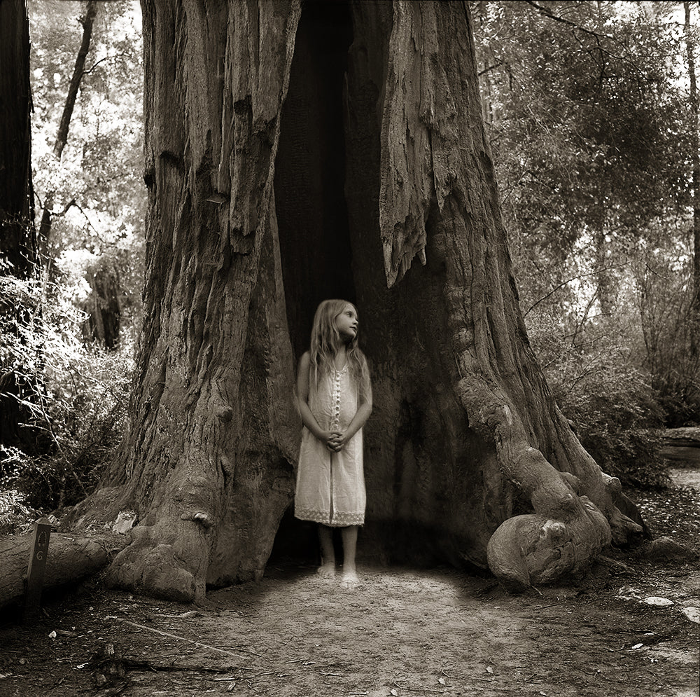 Black and white photograph of a person standing next to a large tree, capturing a sense of tranquility and connection with nature.