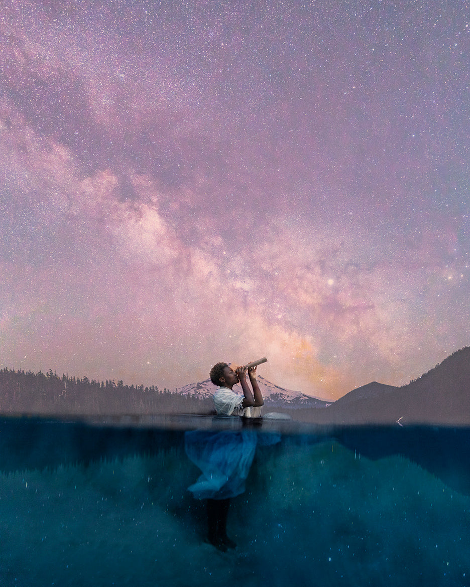A digital artwork depicting a person stargazing with a telescope, set against a night sky filled with stars, overlaid with water and forest elements.