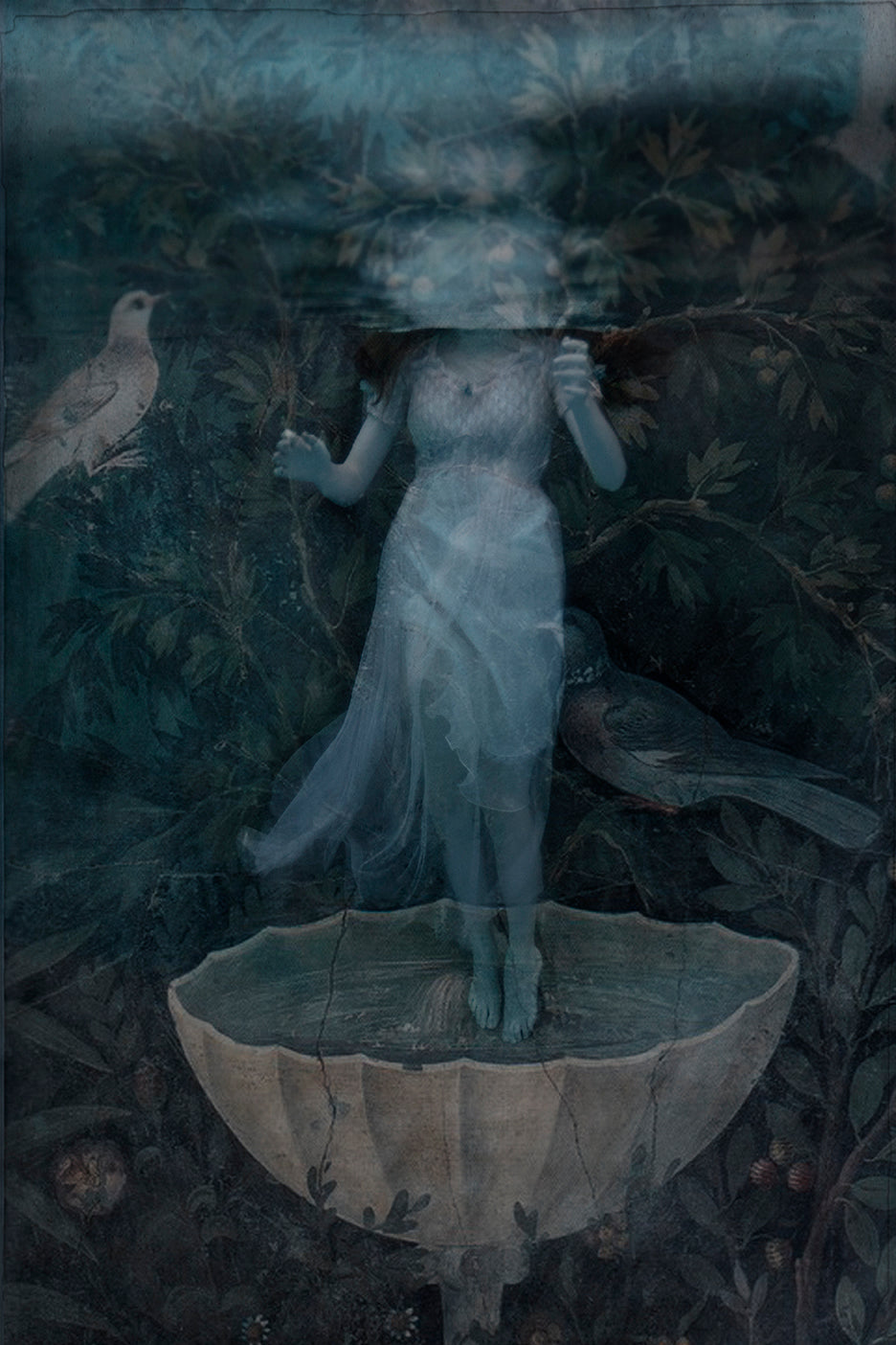 A dreamlike image featuring a figure with butterfly wings standing on a birdbath, surrounded by foliage and a bird in flight.