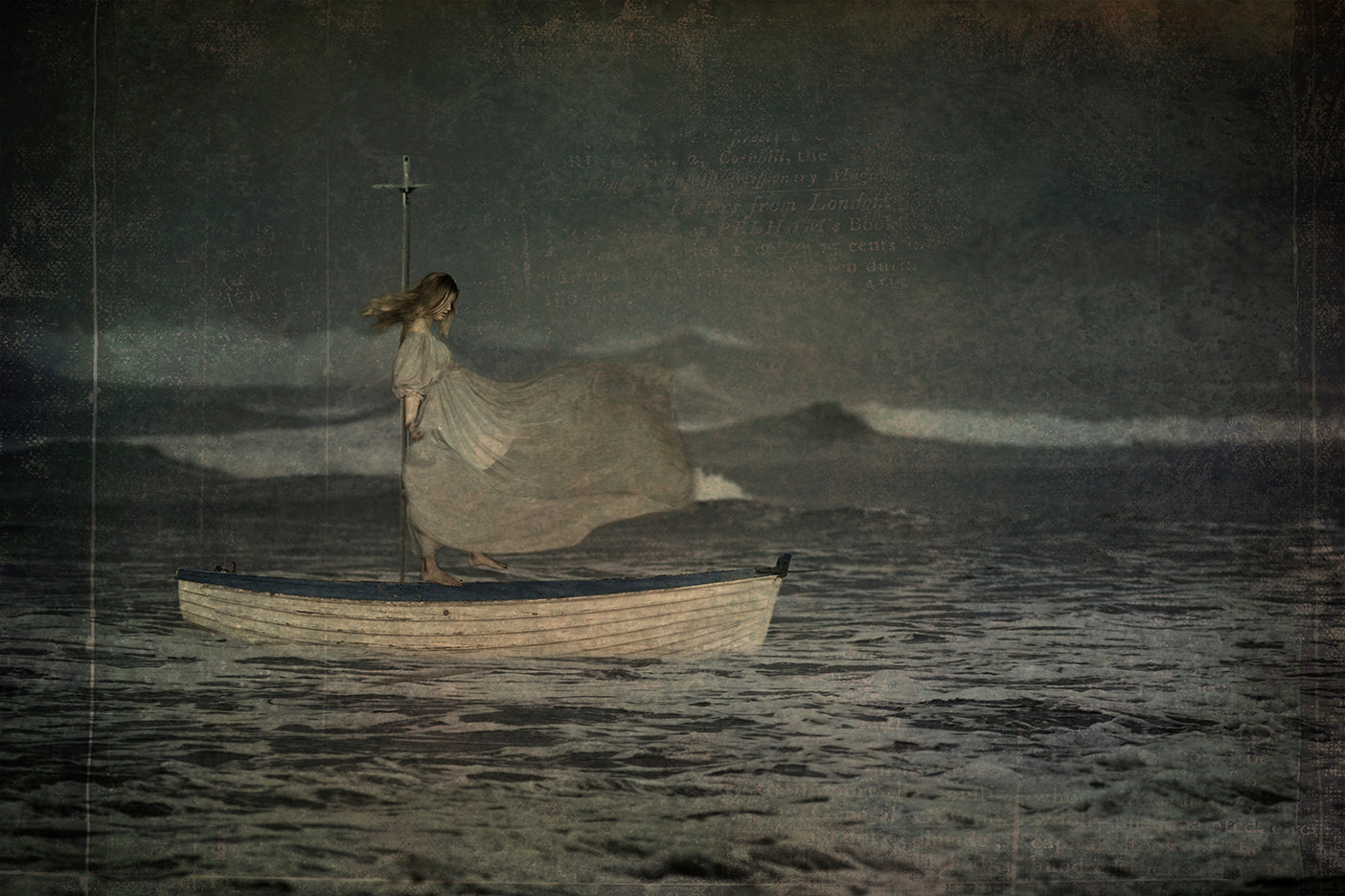girl on small boat in ocean waves