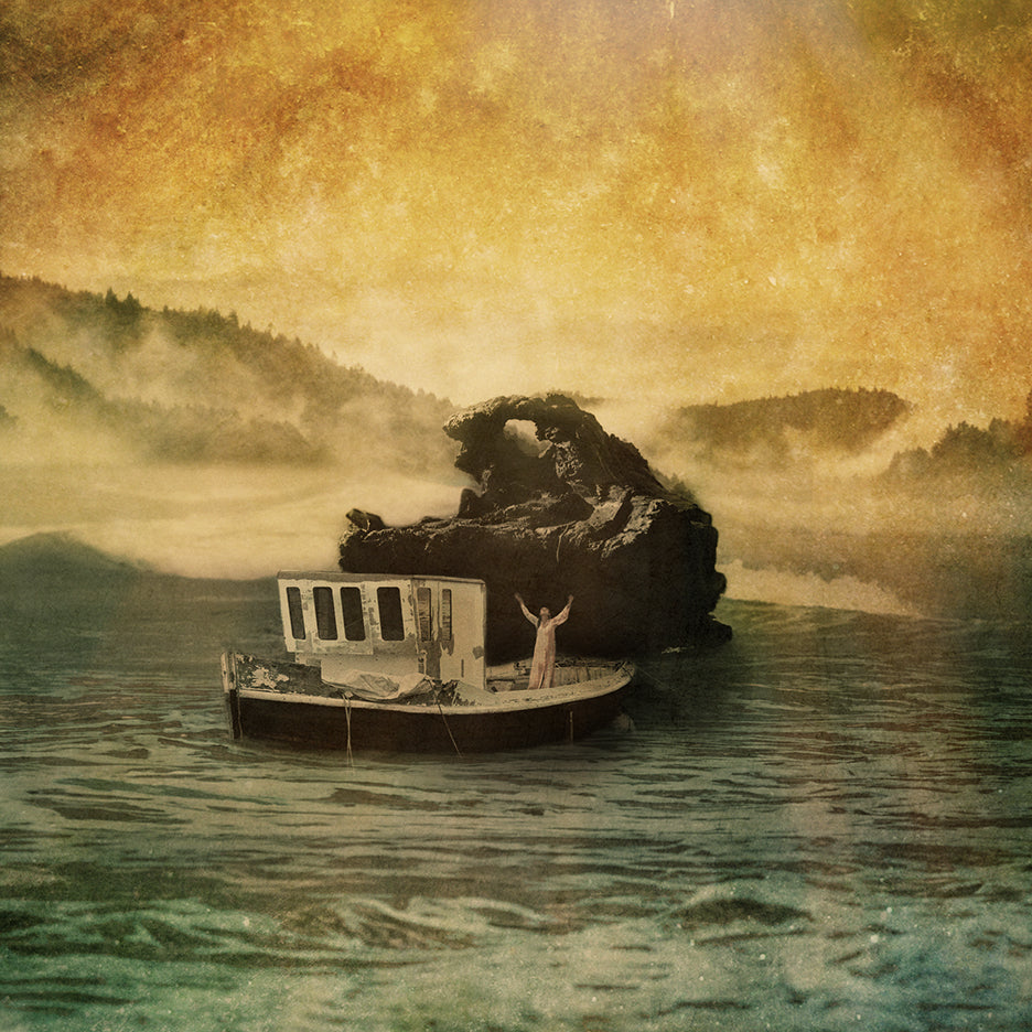 A digital artwork depicting a boat floating near a large rock formation with a misty background, rendered in a soft, realistic style with warm color tones.