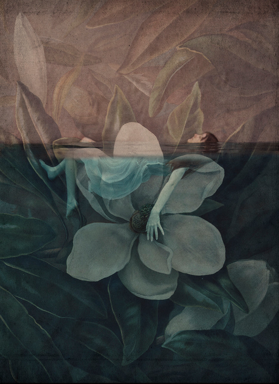 A piece of fine art photography featuring an ethereal image with whimsical elements, depicting a figure blends into floral and aquatic surroundings, evoking a magical, dreamlike quality.