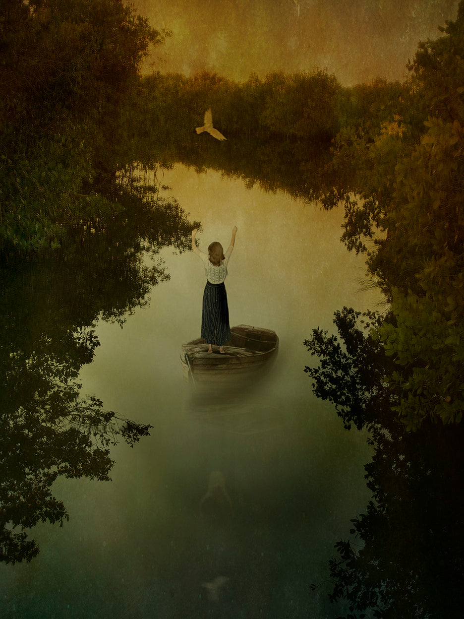 girl on small boat floating down river guided by a white dove