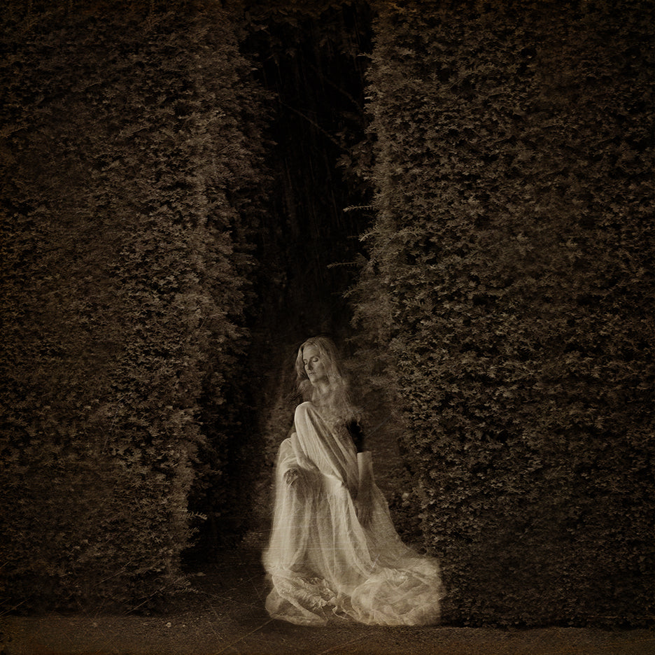 A black and white photograph featuring a person sitting down with their back towards the camera, surrounded by tall hedges. The person appears to be wearing a white dress.