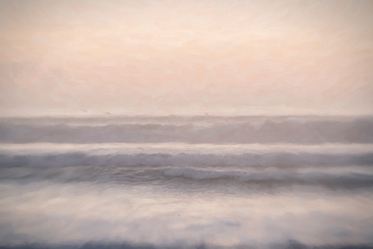 A blurred photograph of a serene ocean scene with gentle waves and a soft color palette, evoking a sense of calm.