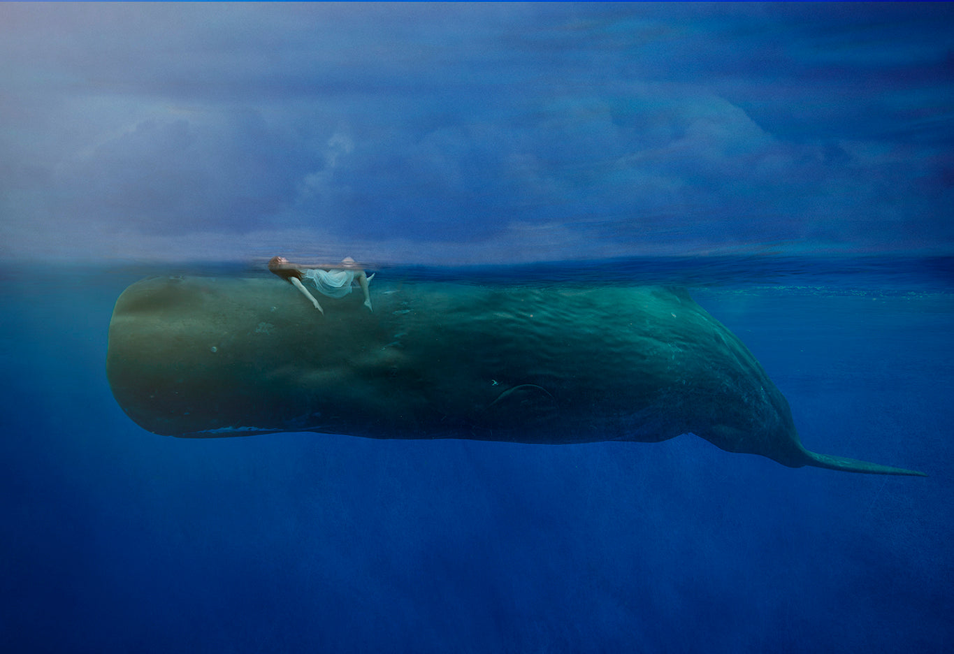 A fine art photograph featuring a young girl side by side with a magnificent sperm whale, set against a blue underwater background.