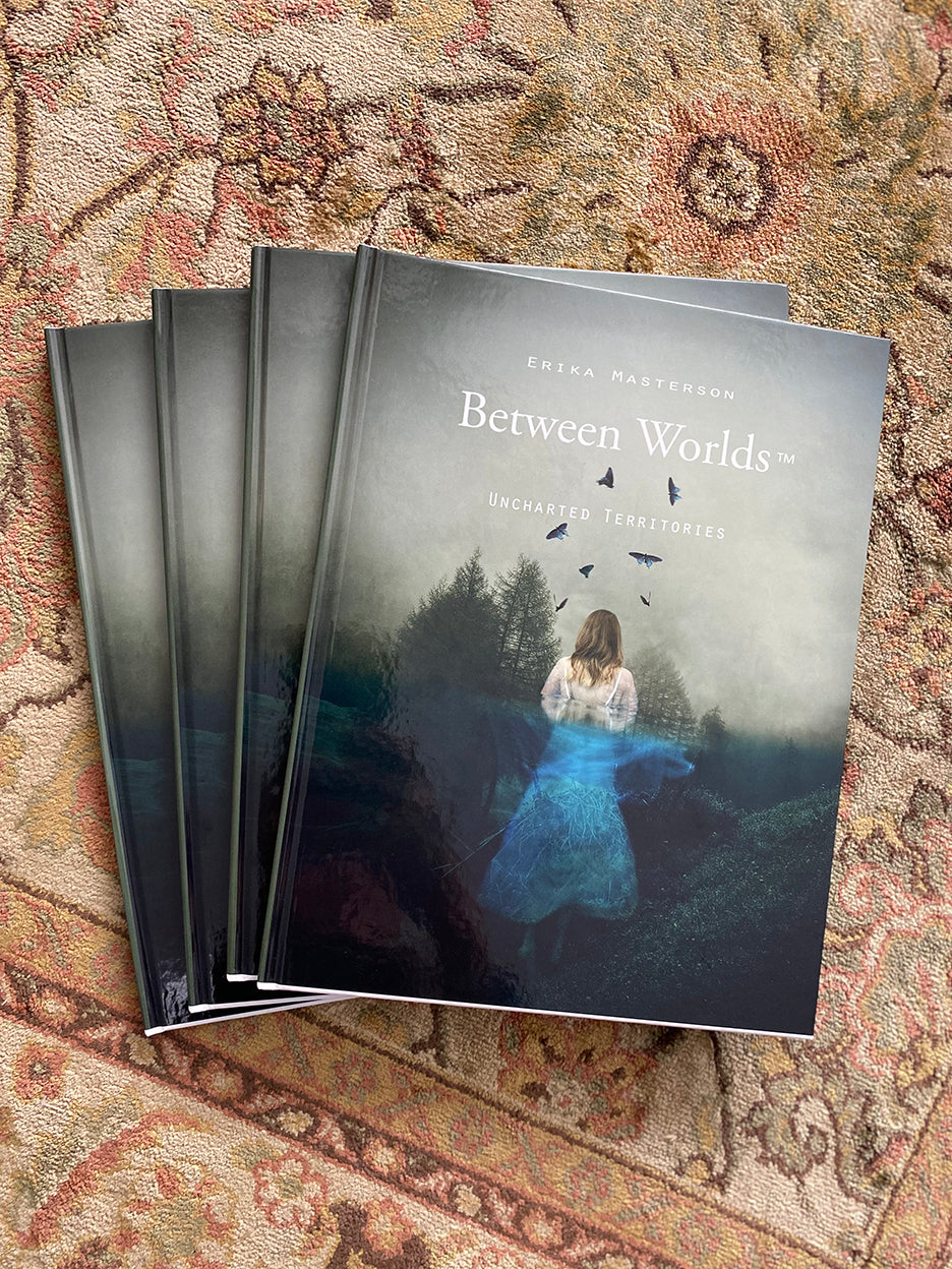 A hardcover book titled 'Between Worlds' by Erika Masterson