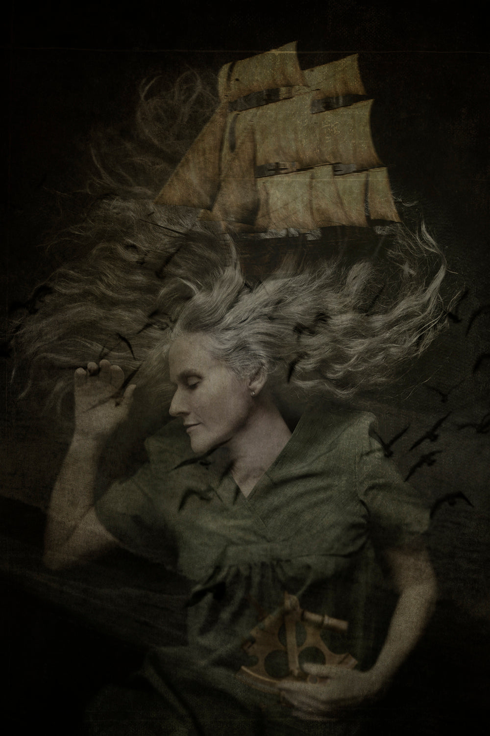 A stylized fine art photography portrait of a person with a sailboat in the background, evoking a sense of mystery and adventure.
